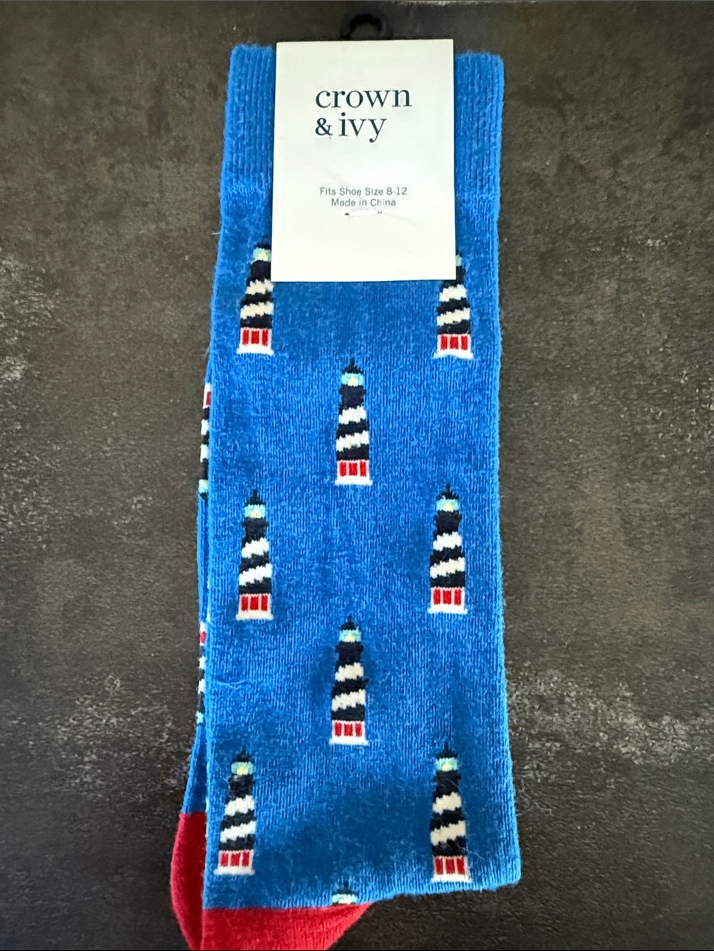 crown & ivy Bright Blue Lighthouse Crew Socks with Red Heel